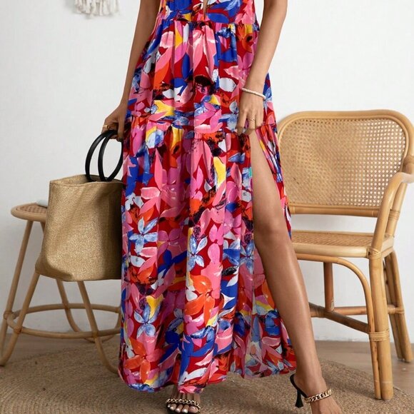 Red Boho Women's Vacation Floral Print Backless Dress - Picture 3 of 6